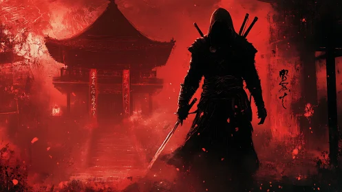 Hooded samurai stalks a blood‑red temple under shadowed skies.