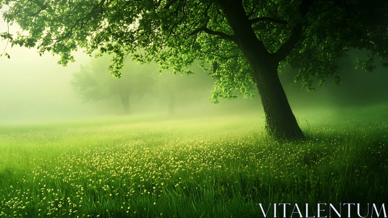 Morning hush under a leaning tree in glowing green fog.