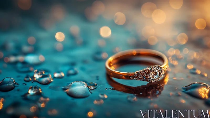 Gold diamond ring in cinematic macro bokeh lighting study