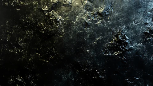Dark mineral abstraction with textured metallic fragments.