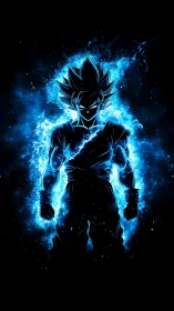 Electric warrior carves a silhouette from cosmic blue fire