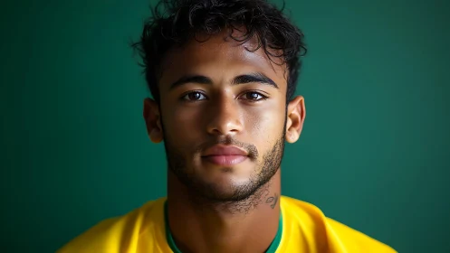 Young footballer portrait in yellow jersey on green backdrop