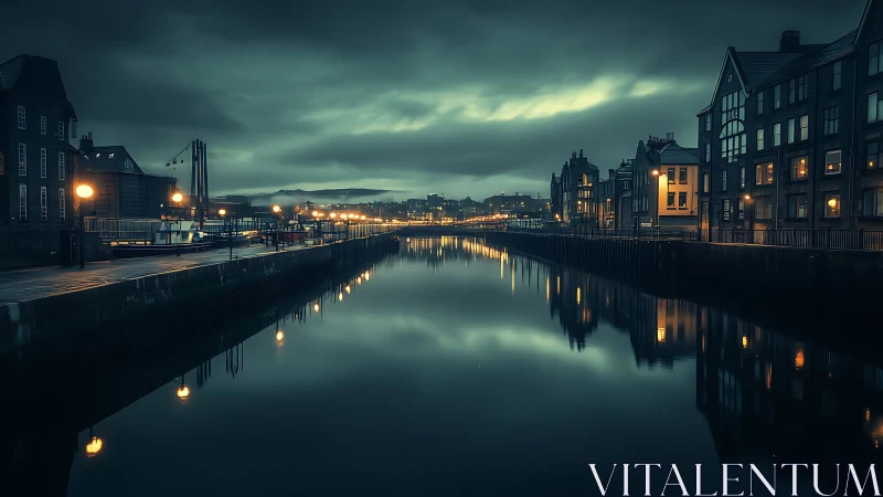 Urban canal at dusk with waterfront buildings and reflections.