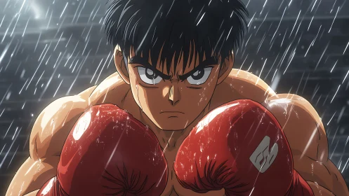 Determined anime boxer stands locked in guard under rain