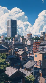 Layered Japanese cityscape rises beneath towering summer clouds.