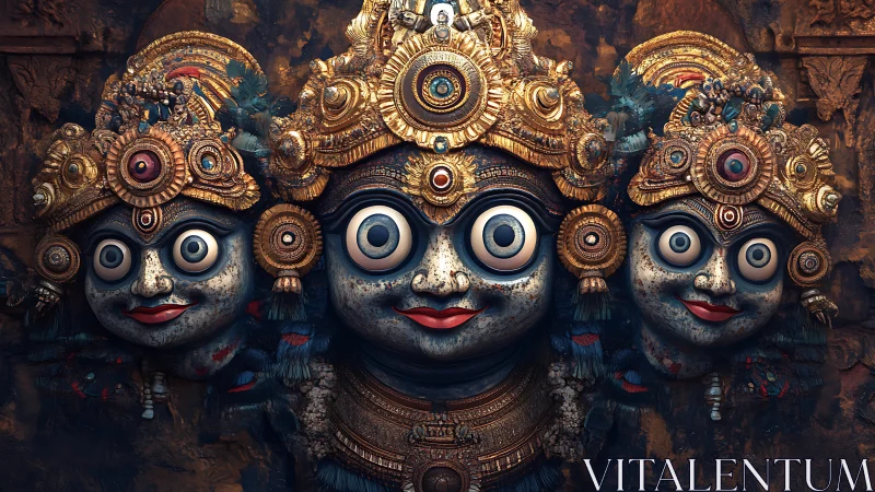 Triad of ornate stylized deity faces with gold headdresses.