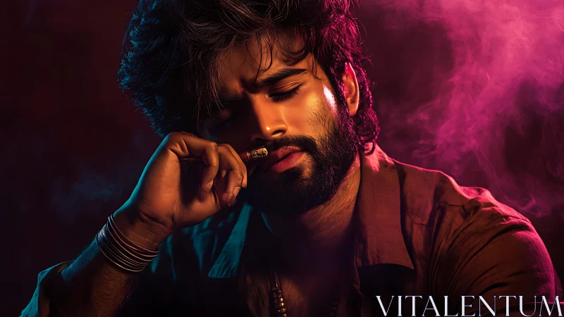 Moody neon portrait captures contemplative smoker in colored haze