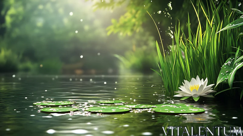 Calm pond scene with white water lily and reeds in light.