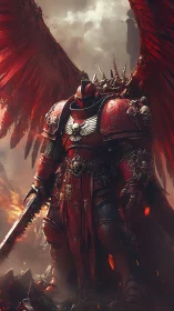 Winged crimson war guardian in baroque power armor.