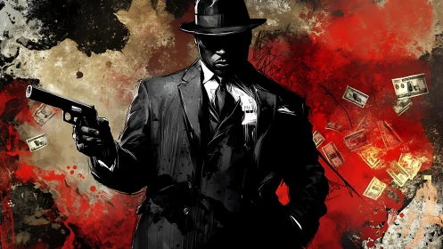 Suited figure with handgun stands before red abstract field