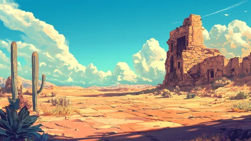 Sunlit desert ruins whisper beneath a sweeping cobalt sky.