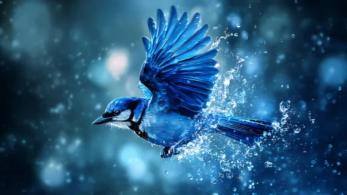 Blue jay in flight with water splash, digital art fantasy style.