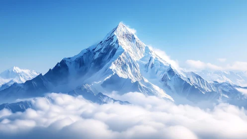 Snow crowned mountain rising above soft rolling clouds.