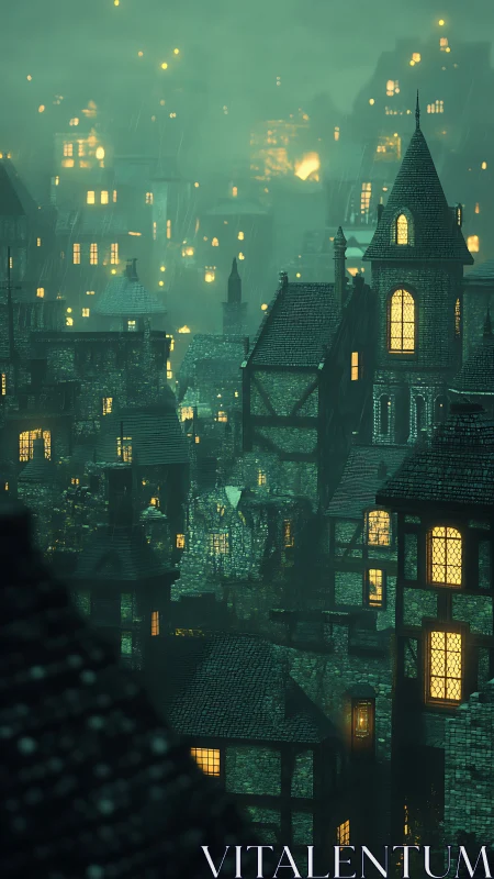 Rain-soaked medieval town glows under dense emerald fog