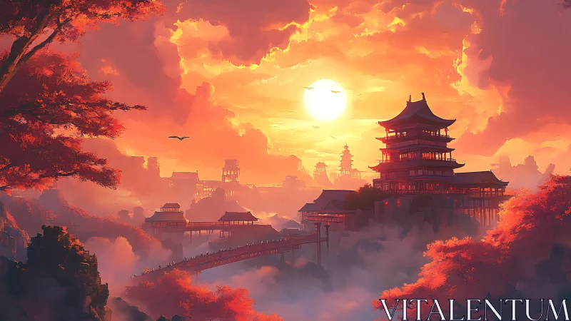 Layered pagoda skyline under volumetric sunset light gradient