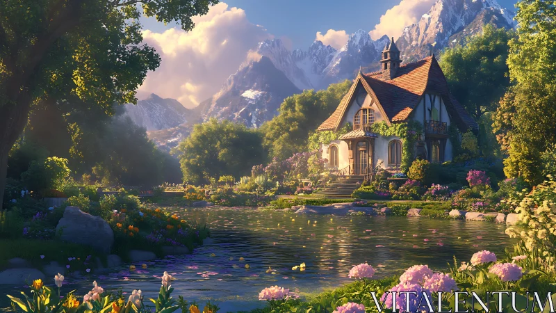 Sunlit riverside cottage rendered with detailed floral landscaping