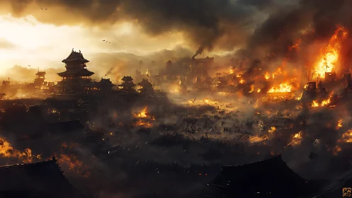 Inferno over the shogun city as warstorms drown the dusk.