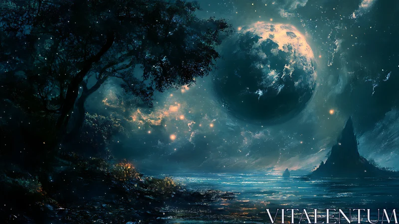 Moonlit alien sea under colossal glowing planet horizon.