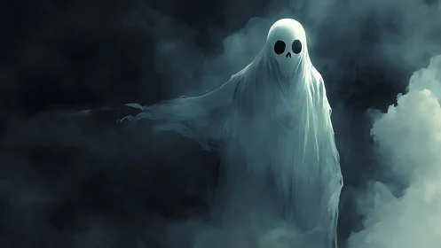 Ethereal shrouded ghost figure in dense cinematic fog field.