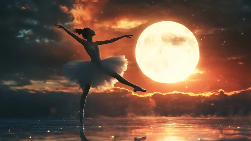 Moonlit ballerina silhouette glides over reflective water.