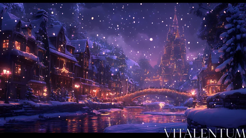 Snowy fantasy village glows softly beneath a starlit night sky