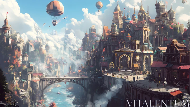 Fantasy cliffside city with airships over river canyon.