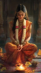 Devotional Indian bride prays quietly before sacred flame