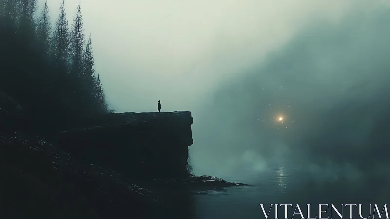 Solitary figure stands on cliff edge above misty water