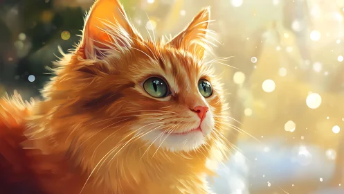 Luminous Orange Cat with Emerald Eyes in Golden Bokeh