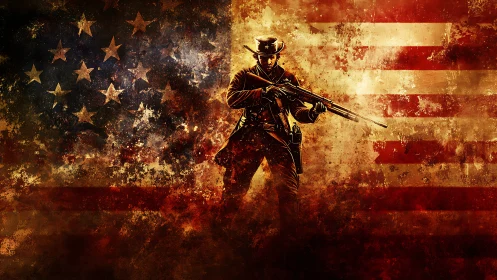 Armed figure in front of distressed United States flag background.