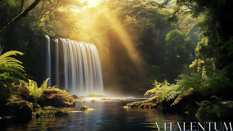 Sunlit rainforest waterfall pours into tranquil forest pool.