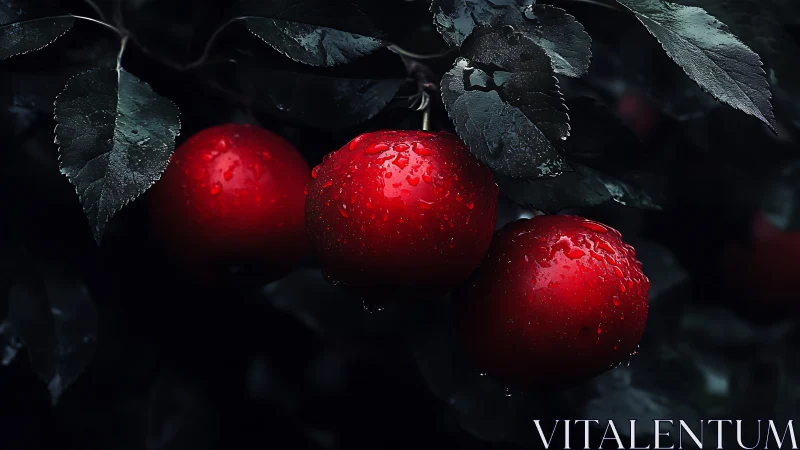 Glistening red apples rest softly among deep garden leaves