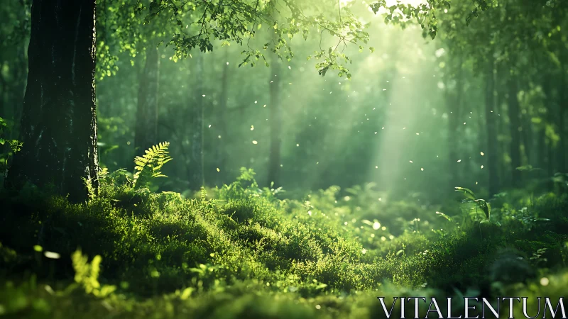 Sunlight streaming through lush green forest in ethereal style.