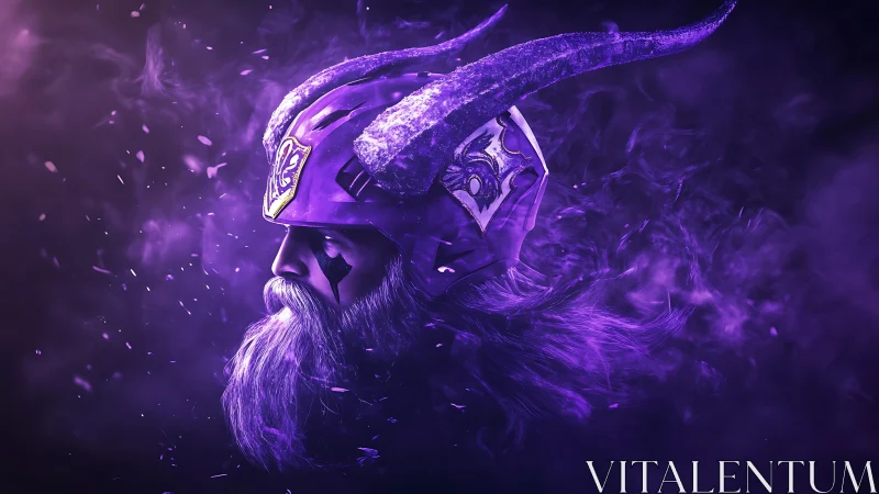 Horned warrior profile glows within swirling purple mist