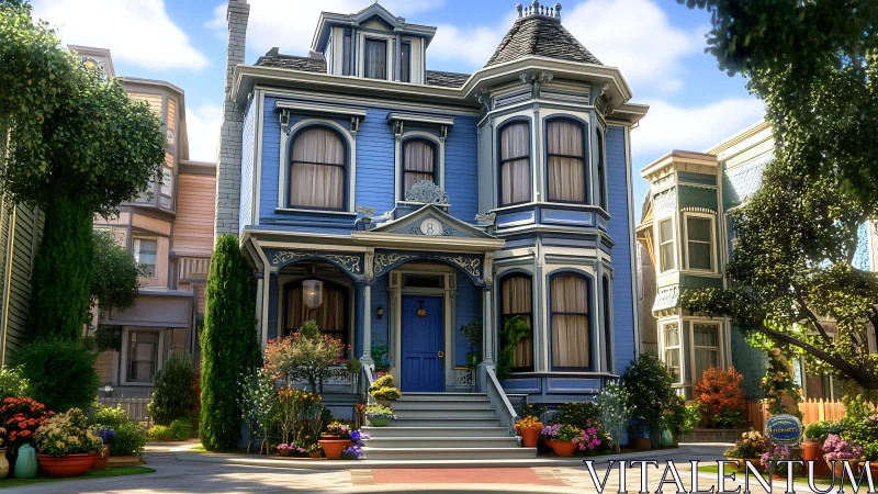 Charming blue Victorian home welcomes with bright garden color