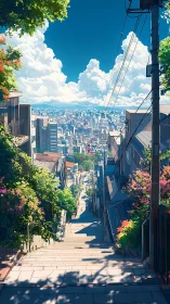 Sunlit city hillside stairs with distant skyline view.