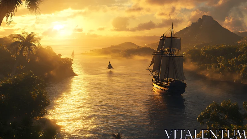 Tall ship under golden sunset on calm tropical inlet.