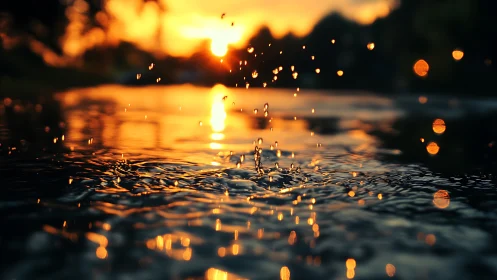 Sunlit water splash with glowing sunset reflections.