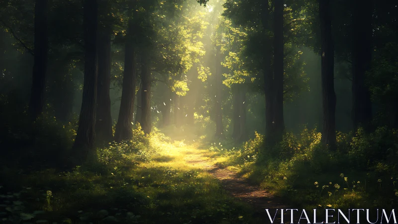 Sunlit forest path with lush greenery in dreamy morning light.
