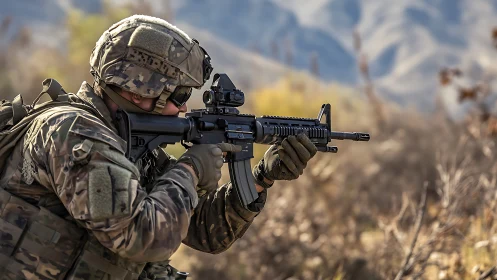Focused soldier steadies his rifle in rugged mountain terrain