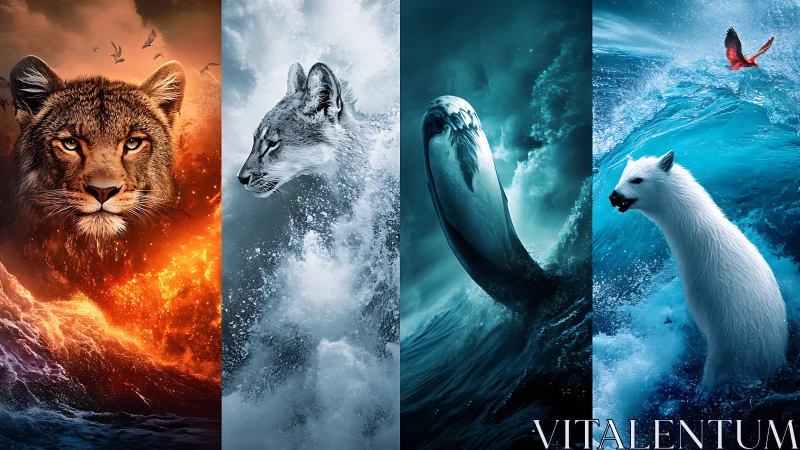 Four Wild Animals Rendered in Contrasting Environmental Elements