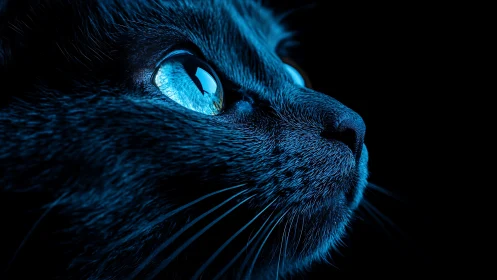 Black Cat Head Profile Against Black Background.