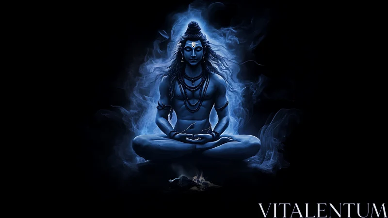 Blue meditative deity in glowing ethereal smoke focus.
