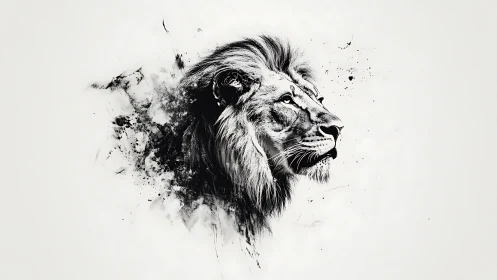 Monochrome splatter-rendered lion portrait in ink style.