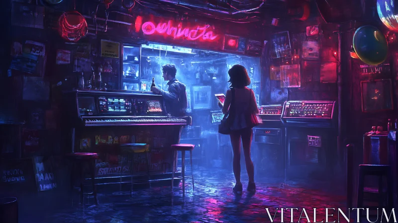 Neon arcade bar glows around silhouetted couple at night