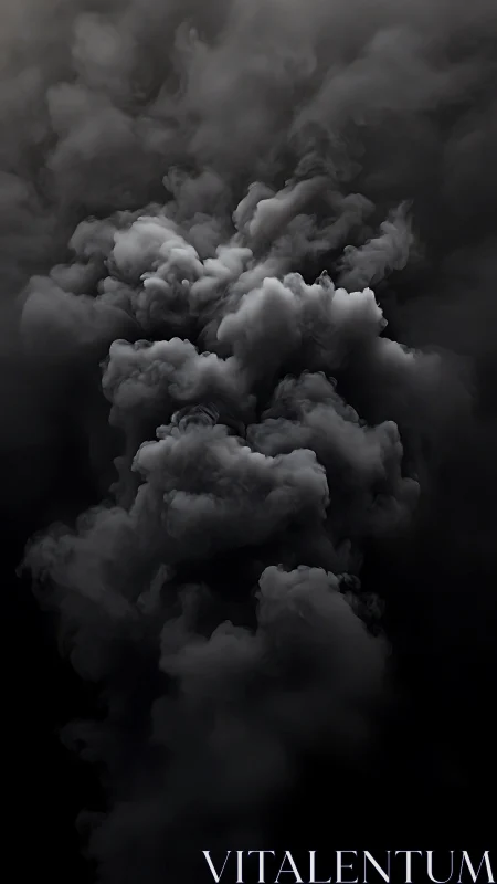 Dense vertical plume of dark smoke rises through black void