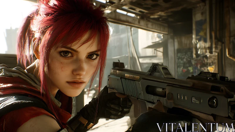Cyberpunk sharpshooter with red hair aiming heavy rail rifle