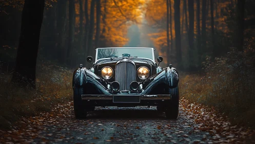 Vintage black roadster on forest lane in autumn light.