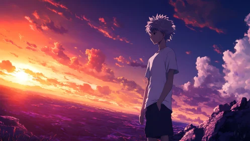 Solitary anime boy on cliff at high-saturation sunset horizon