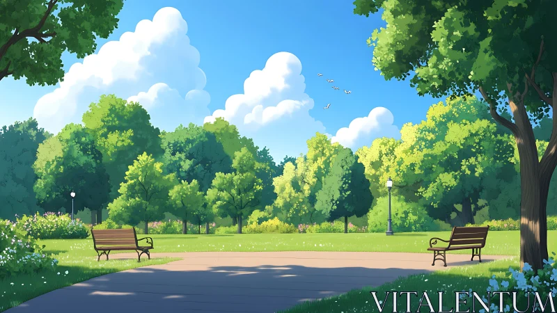 Tree-lined park path with benches under bright blue sky